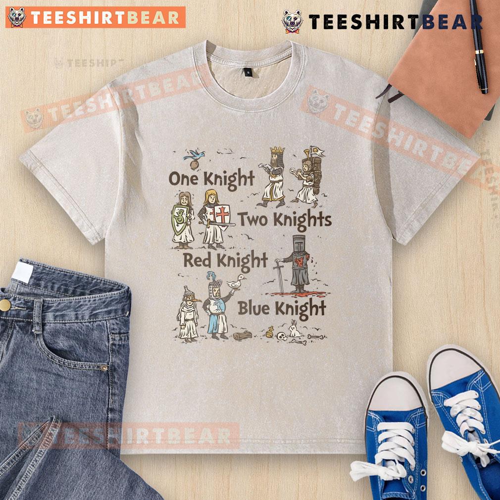 Alt Text: Premium One Knight Two Knights washed t-shirt featuring red and blue knights in a stylish graphic design.
