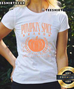 Premium Pumpkin Spice Season Ladies Tee in autumn colors, perfect for cozy fall outfits and celebrating pumpkin spice lovers.
