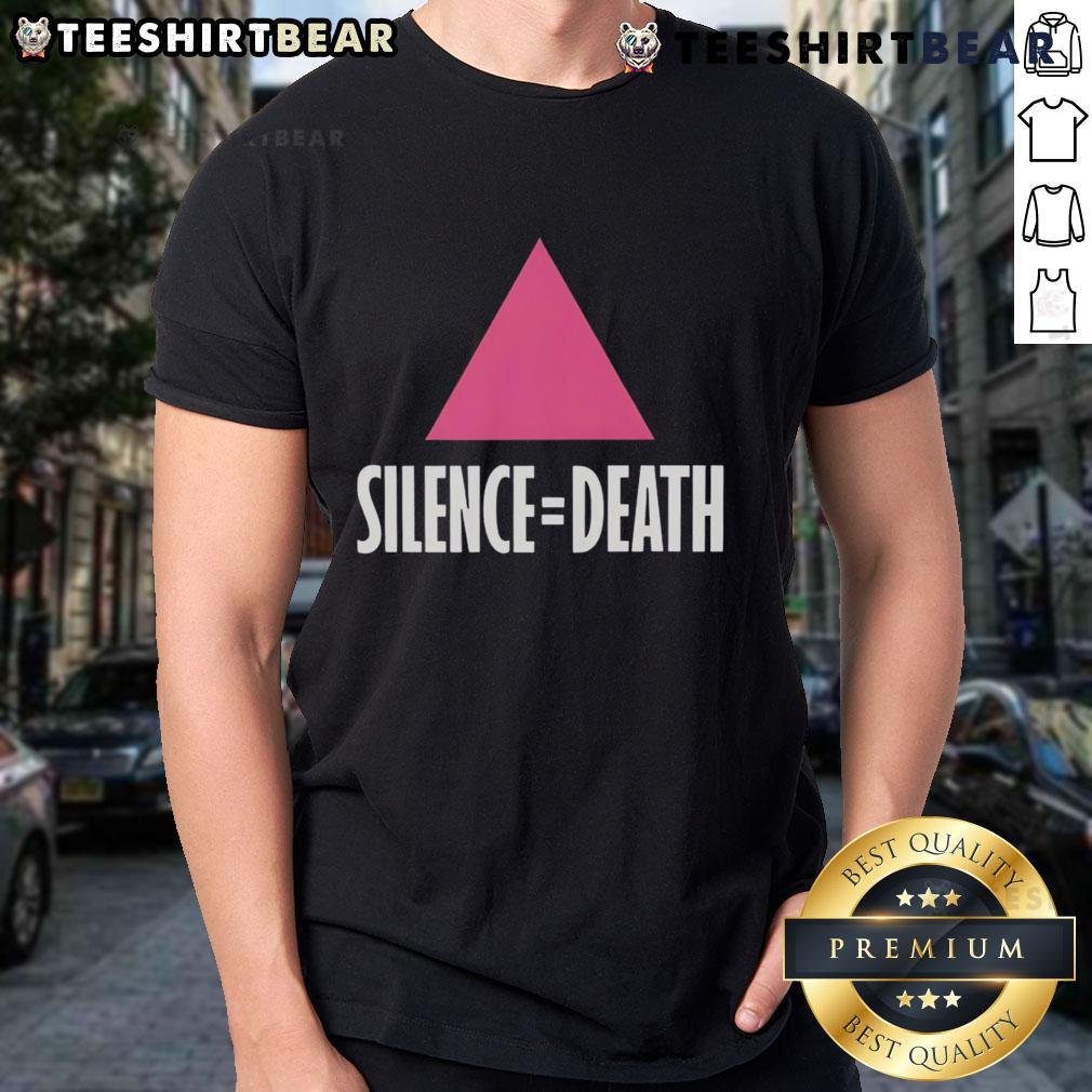 Premium Silence Equal Death Pink Triangle T-Shirt featuring a vibrant pink triangle design, promoting LGBTQ+ awareness.