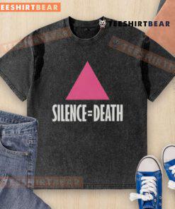 Alt Text: Premium Silence Equal Death Pink Triangle Washed T-Shirt featuring a bold graphic and soft fabric for comfort.