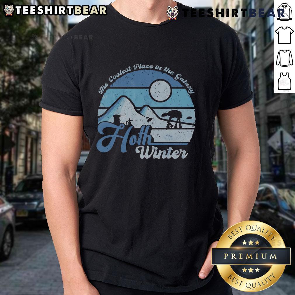 Premium Hoth Winter T-Shirt featuring 'The Coolest Place In The Galaxy' design, perfect for Star Wars fans and winter wear.