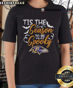 Premium 'Tis The Season To Be Spooky' Baltimore Ravens Ladies Tee featuring festive design for Halloween fans.
