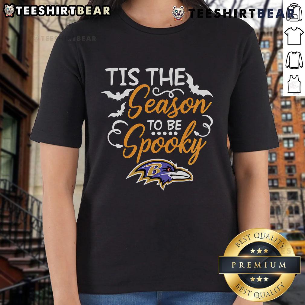 Premium 'Tis The Season To Be Spooky' Baltimore Ravens Ladies Tee featuring festive design for Halloween fans.