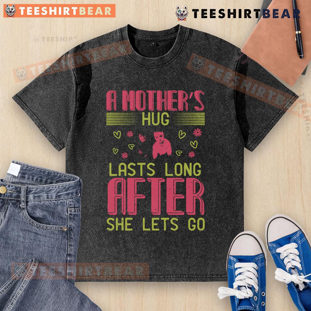 Mom embracing child in a heartfelt moment, showcasing love. Perfect for the 'Pretty A Mother's Hug Lasts Long' T-shirt.