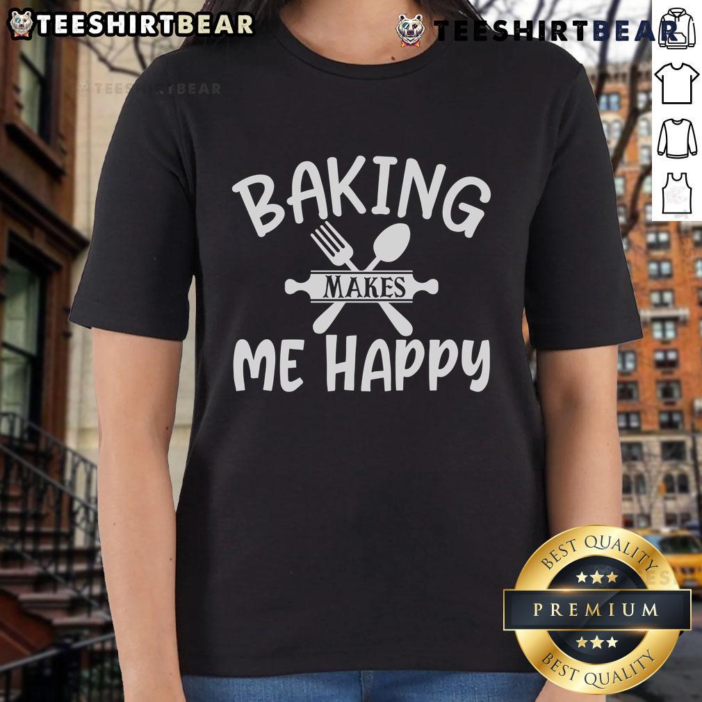 Pretty Baking Makes Me Happy Ladies Tee featuring a cheerful design perfect for baking enthusiasts.