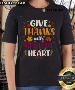 Pretty Thanksgiving ladies tee with 'Give Thanks With a Grateful Heart' design, perfect for holiday celebrations.