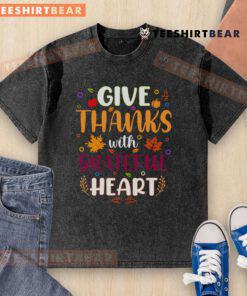 Pretty Thanksgiving washed t-shirt featuring 'Give Thanks With a Grateful Heart' design in festive colors.