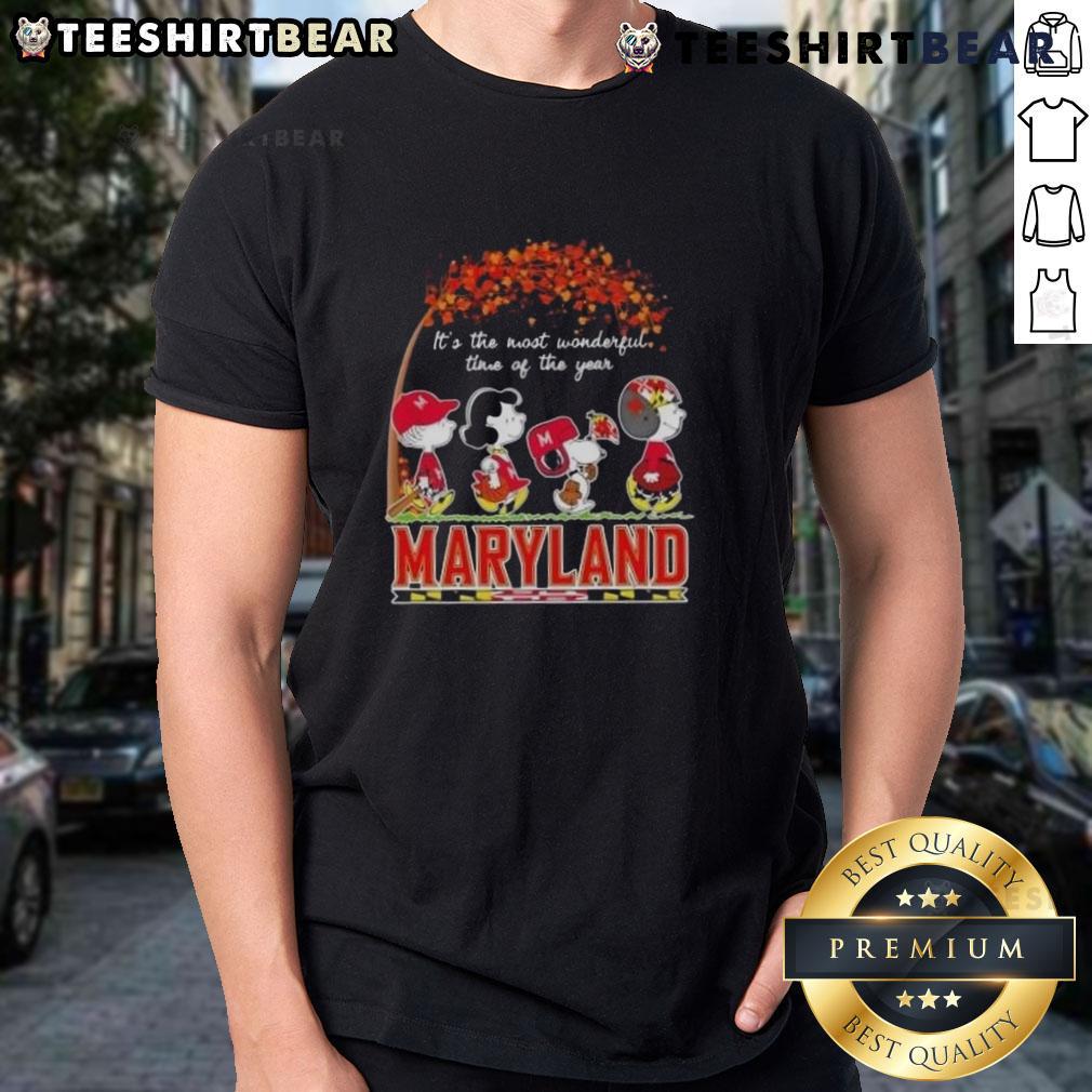 Pretty Peanuts 'It's The Most Wonderful Time Of The Year' Maryland T-Shirt featuring festive Snoopy and friends design.