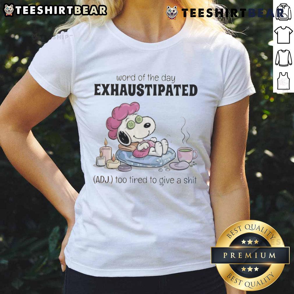 Alt Text: Cute Snoopy graphic on a ladies tee featuring 'Exhaustipated' - too tired to care, perfect for casual wear.