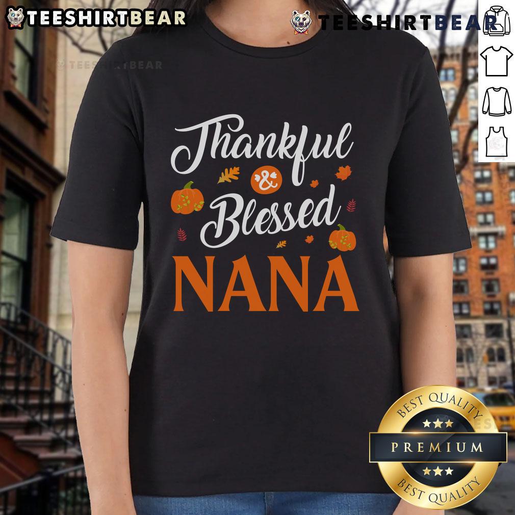 Alt Text: Pretty Thankful and Blessed Nana Fall Grandma Pumpkin Ladies Tee design featuring autumn colors and festive pumpkins.