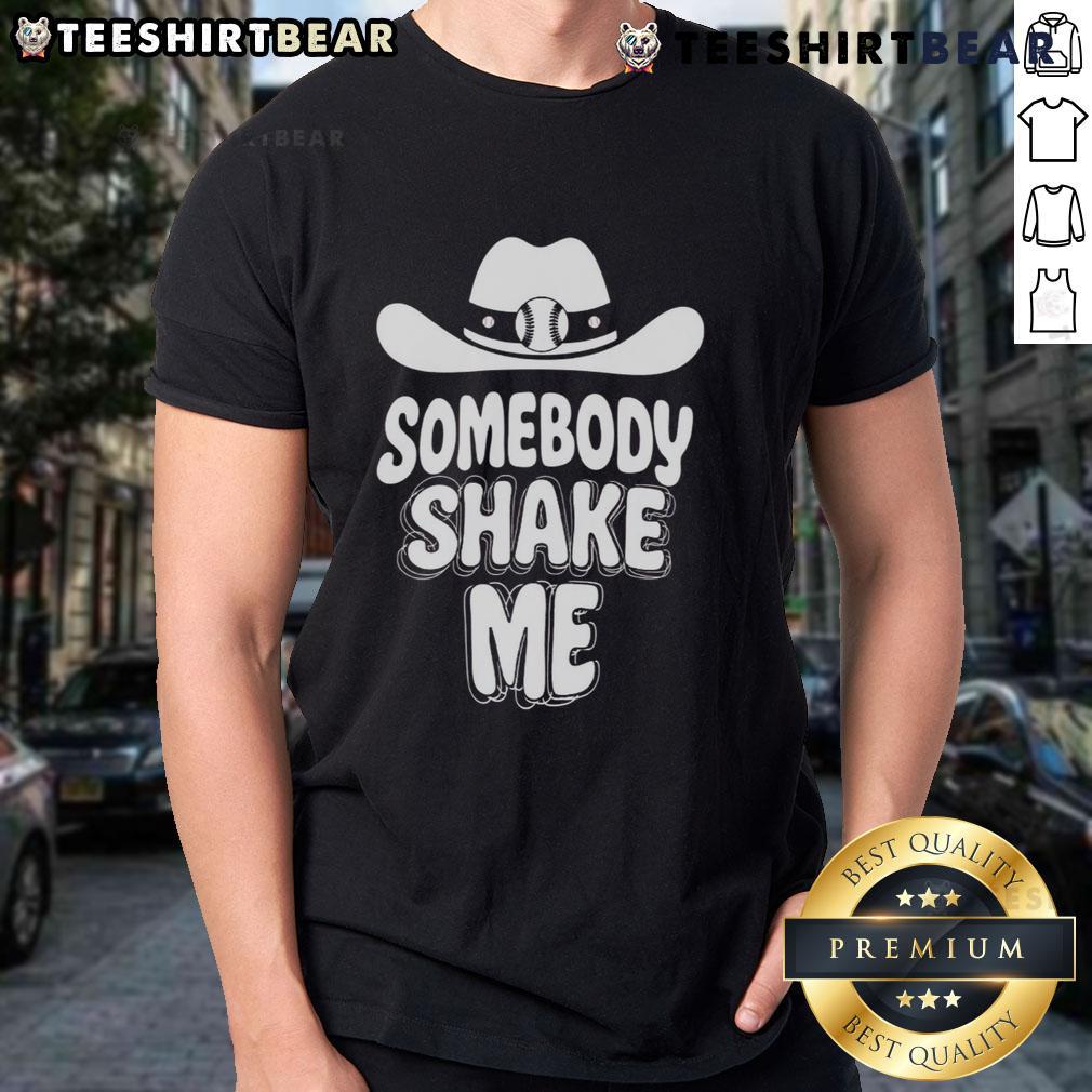 Top Baseball Cowboy Hat with 'Somebody Shake Me' T-Shirt design, perfect for casual wear and baseball fans.