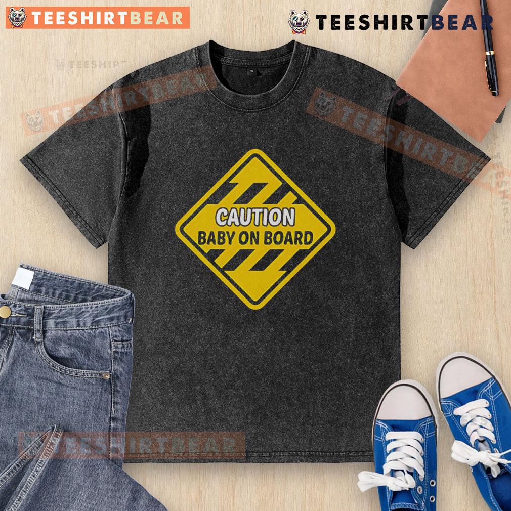 Top caution baby on board washed t-shirt in soft cotton, perfect for stylish and safe family outings.