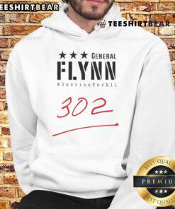 Top General Mike Flynn wearing a 'Justice For All 302' hoodie, promoting justice and freedom in America.
