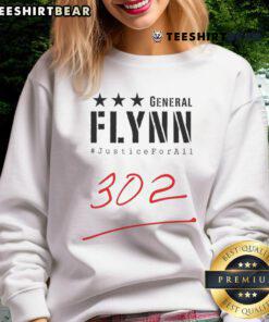 Top General Mike Flynn 'Justice For All 302' sweatshirt featuring bold graphics and patriotic colors for supporters.