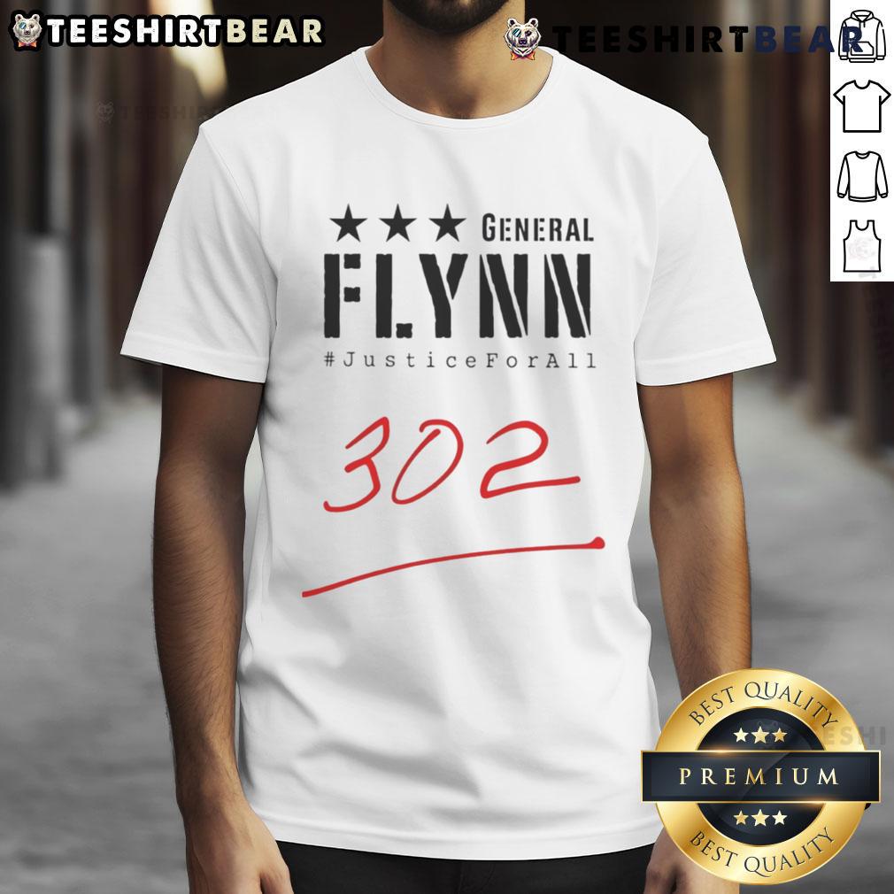 Top General Mike Flynn 'Justice For All' 302 T-Shirt featuring patriotic design and bold text, perfect for supporters.