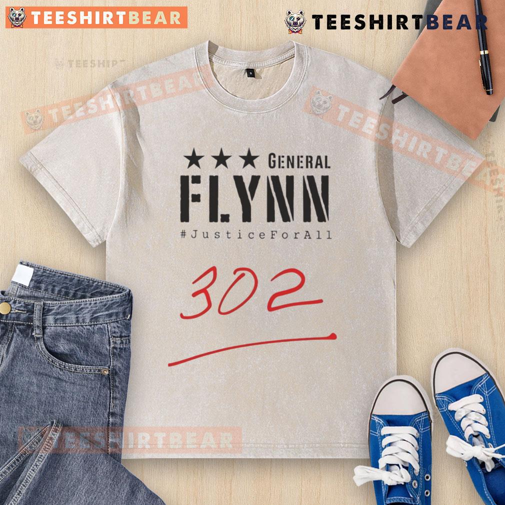 Top General Mike Flynn wears a Justice For All 302 washed t-shirt, showcasing patriotism and support for American values.
