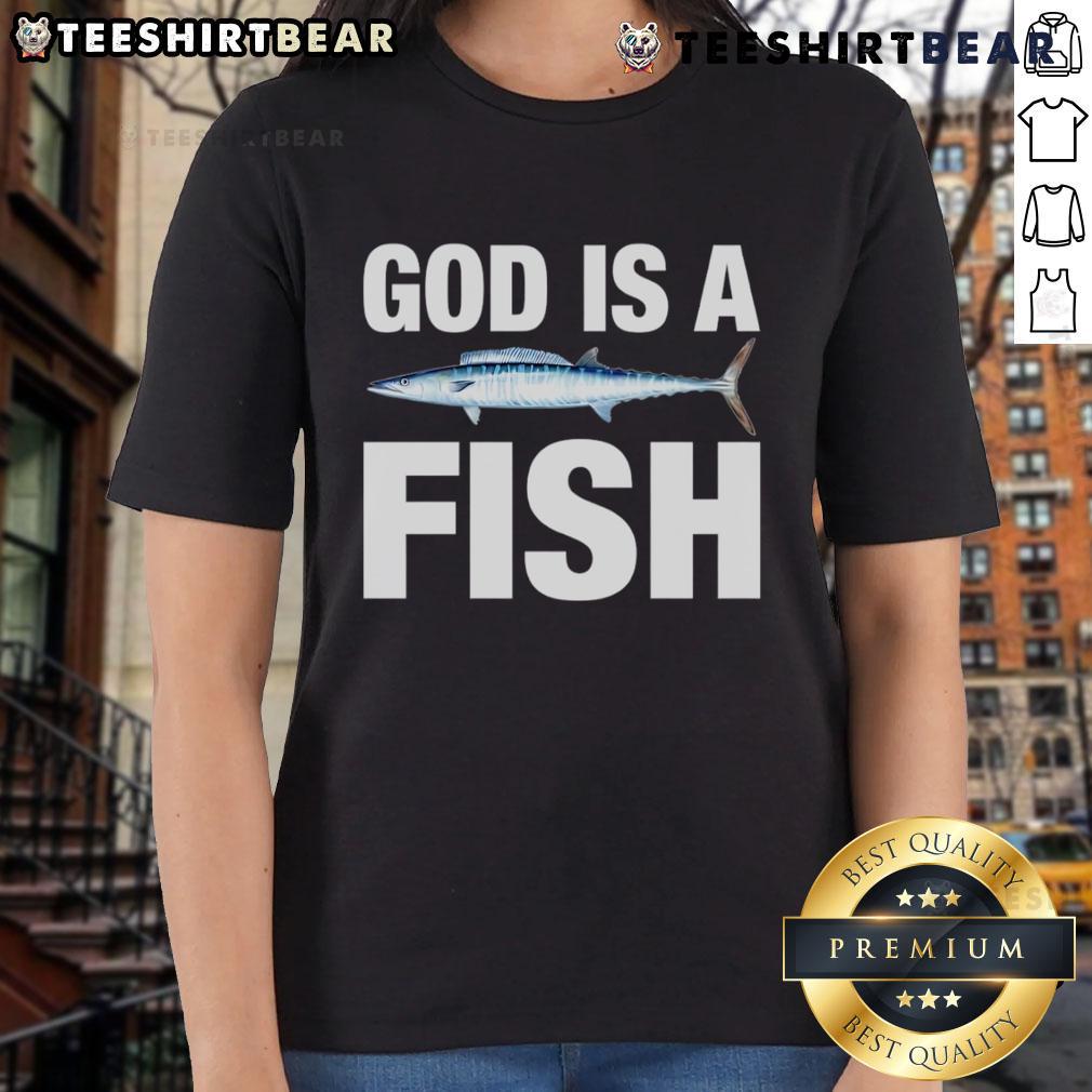 Top God Is A Fish ladies tee featuring a vibrant fish graphic and trendy design, perfect for casual wear.