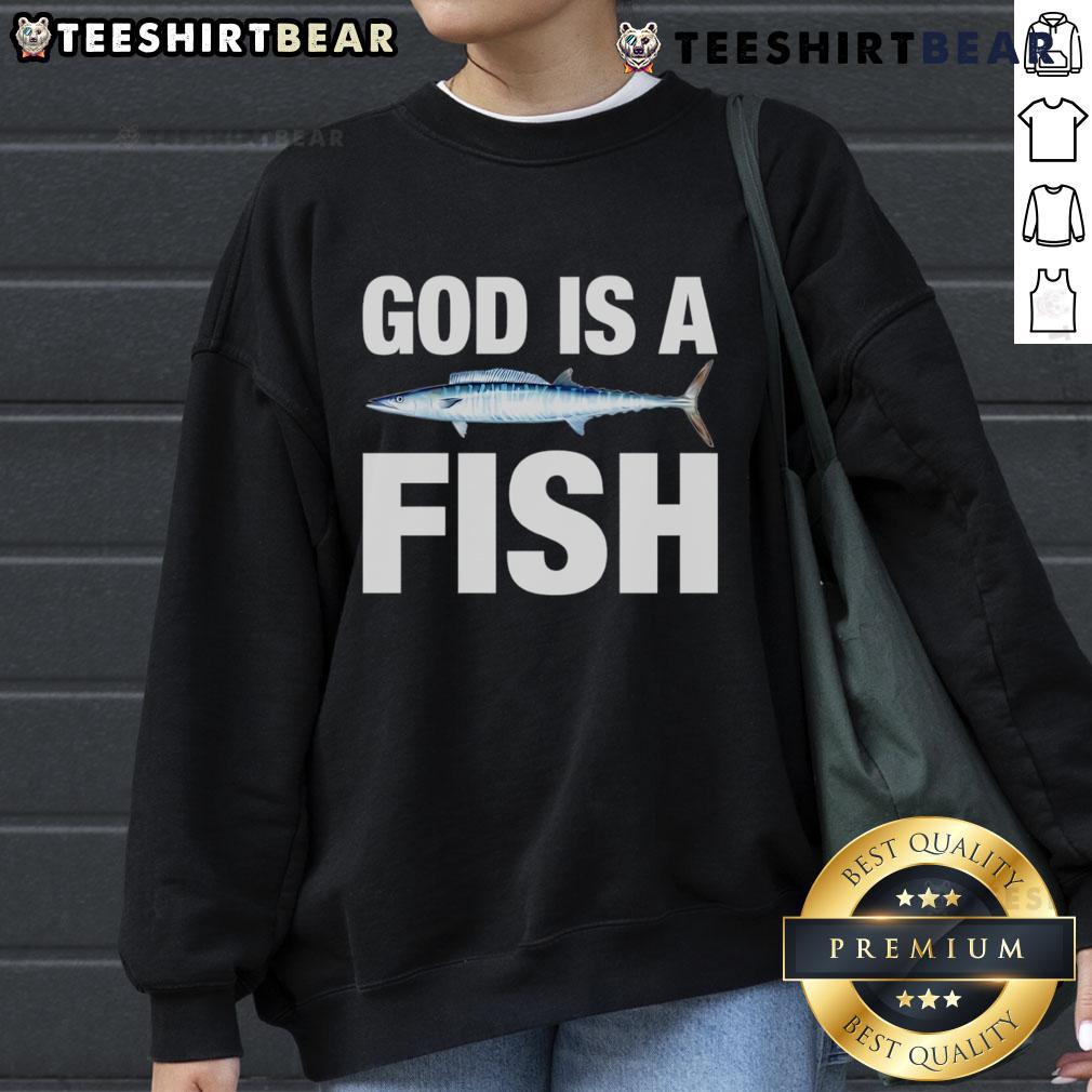 Cozy Top God Is A Fish Sweatshirt featuring a colorful fish graphic, perfect for casual wear and expressing unique style.