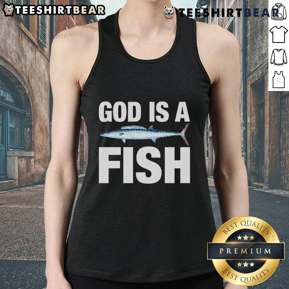 Top God Is A Fish Tank Top featuring vibrant aquatic designs, perfect for casual wear and fish enthusiasts.