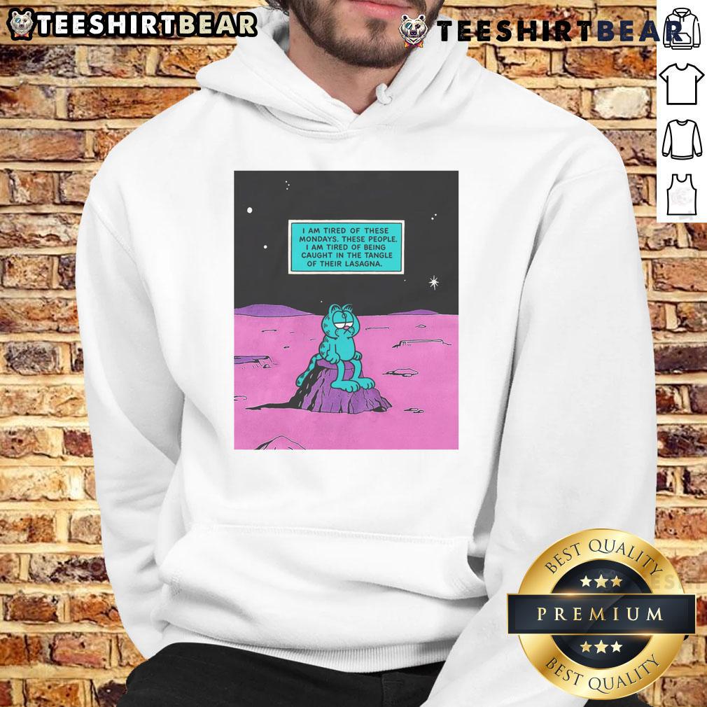 Alt Text: Casual hoodie with 'I'm Tired of These Mondays' design, featuring a playful lasagna graphic, perfect for relaxed wear.