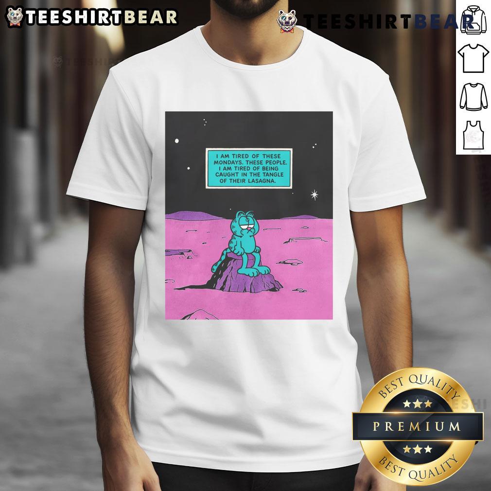 Alt Text: Funny 'I Am Tired Of These Mondays' lasagna t-shirt design, perfect for humor lovers and Monday haters.
