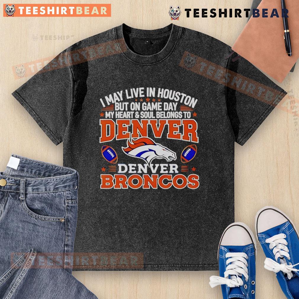 Denver Broncos washed t-shirt for fans, showcasing loyalty on game day, perfect for Houston residents supporting Denver.