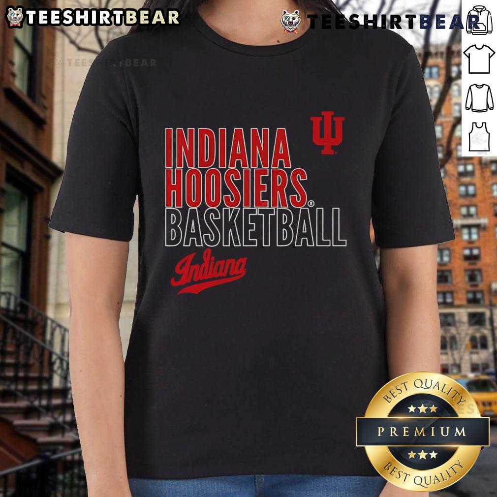 Top Indiana Hoosiers basketball text logo overlay on a stylish ladies tee, perfect for fans and sportswear enthusiasts.