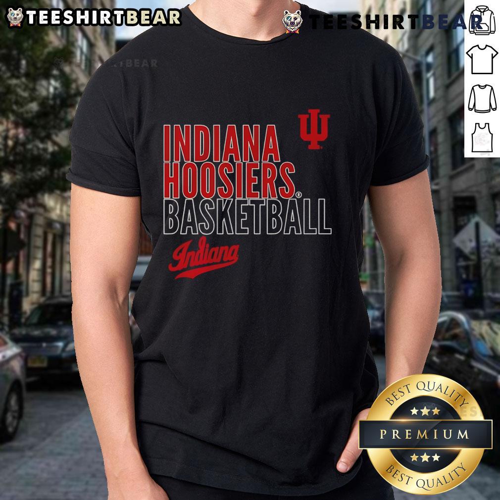 Top Indiana Hoosiers Basketball Text Logo Overlay T-Shirt featuring vibrant team colors and bold logo design.