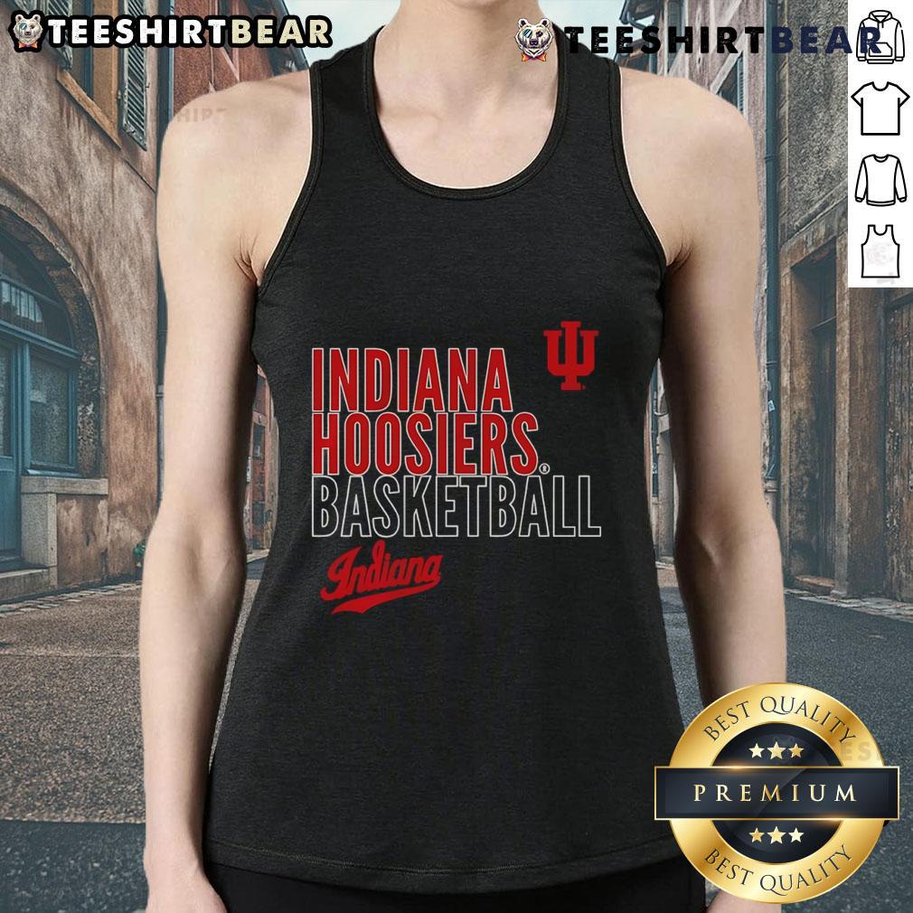Top Indiana Hoosiers basketball text logo overlay tank top featuring team colors and stylish design for fans.