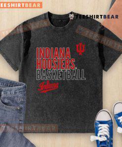 Alt Text: Top Indiana Hoosiers basketball text logo overlay on a washed t-shirt, featuring a vintage style and team colors.