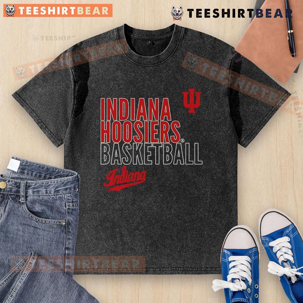 Alt Text: Top Indiana Hoosiers basketball text logo overlay on a washed t-shirt, featuring a vintage style and team colors.