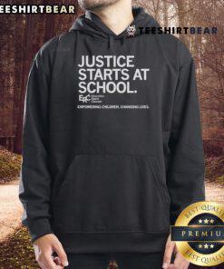 Top Justice Starts at School hoodie promoting education rights and empowering children to change lives.