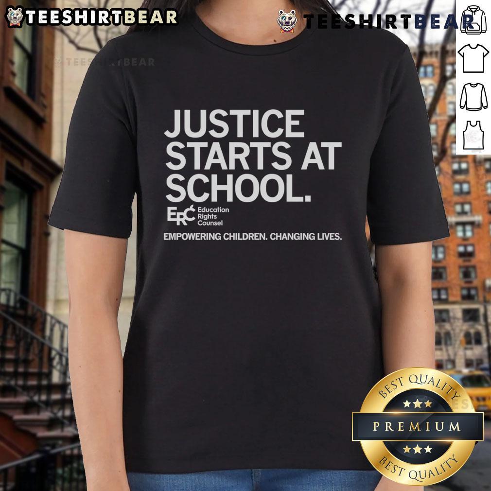 Empowering children through education rights with the 'Top Justice Starts at School' ladies tee design.