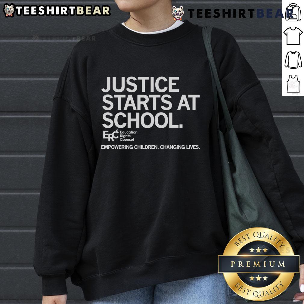 Empowering children sweatshirt promoting education rights, highlighting justice starts at school for better futures.