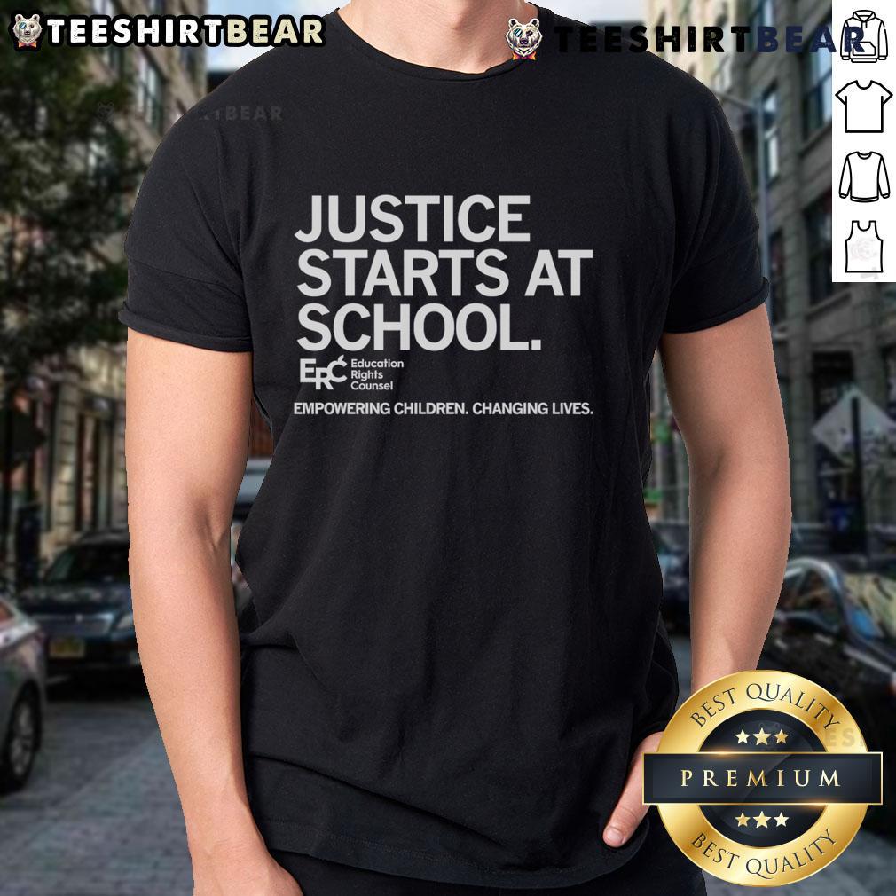 Top Justice Starts At School T-Shirt promoting education rights and empowering children to change lives.