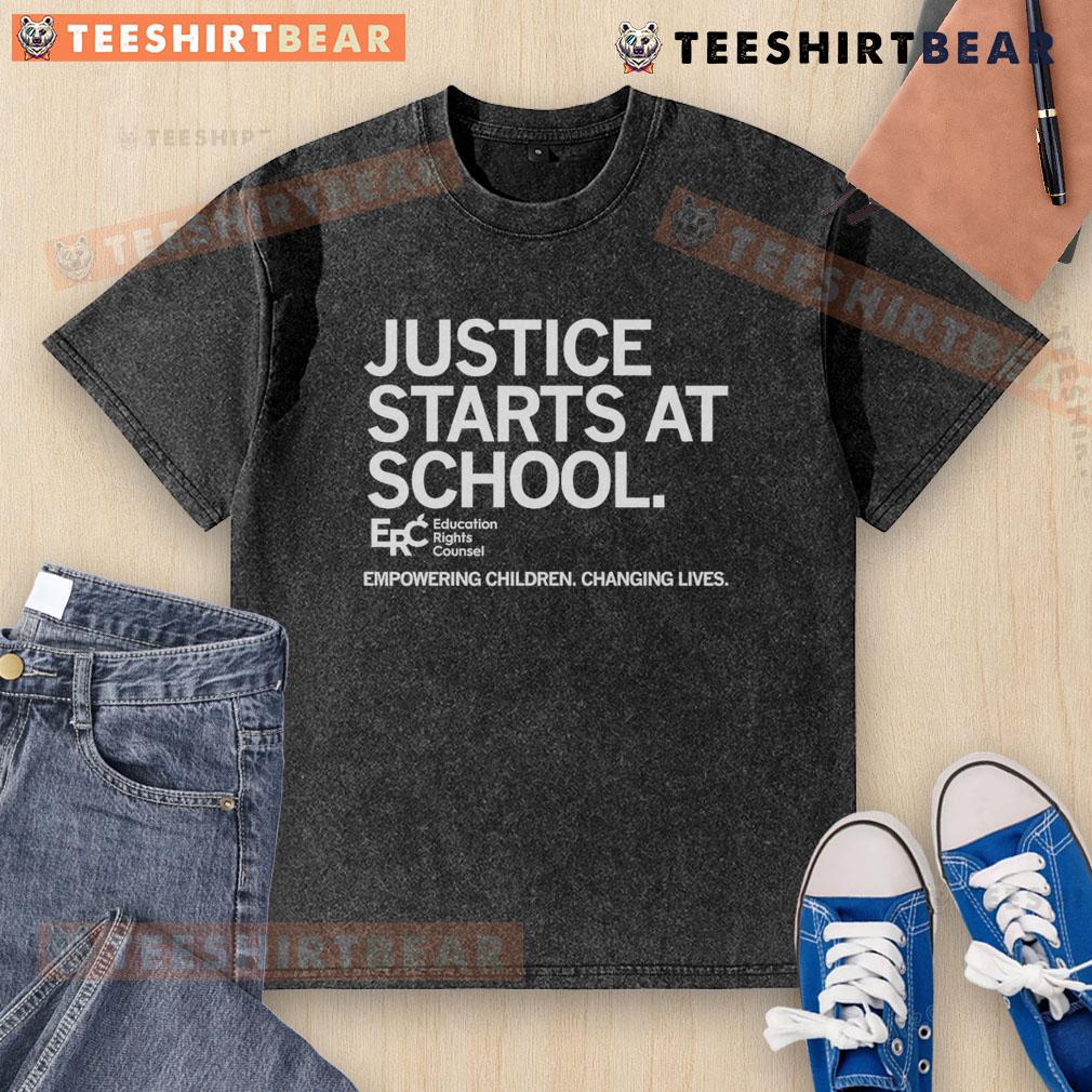 Empowering children through education rights - Top Justice Starts at School washed t-shirt design promoting social change.