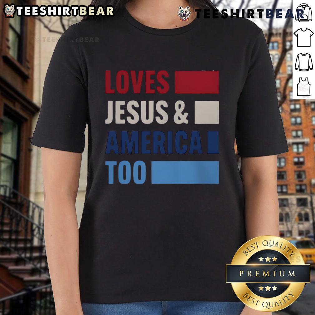 Bold ladies tee featuring 'Top Loves Jesus and America Too' design, perfect for expressing faith and patriotism.