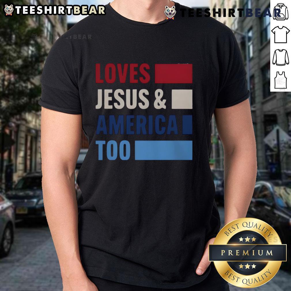 Top Loves Jesus And America Too Bold T-Shirt featuring patriotic design and vibrant colors for faith and freedom enthusiasts.