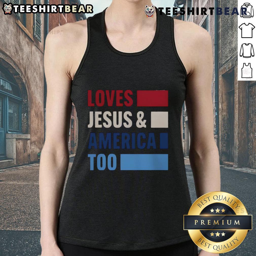 Bold tank top featuring 'Top Loves Jesus and America Too' design, perfect for expressing faith and patriotism.