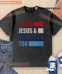 Top Loves Jesus and America Too Bold Washed T-Shirt featuring patriotic design and faith-inspired message.