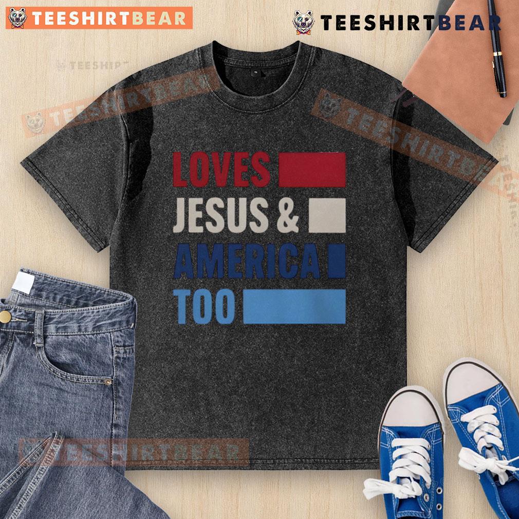 Top Loves Jesus and America Too Bold Washed T-Shirt featuring patriotic design and faith-inspired message.