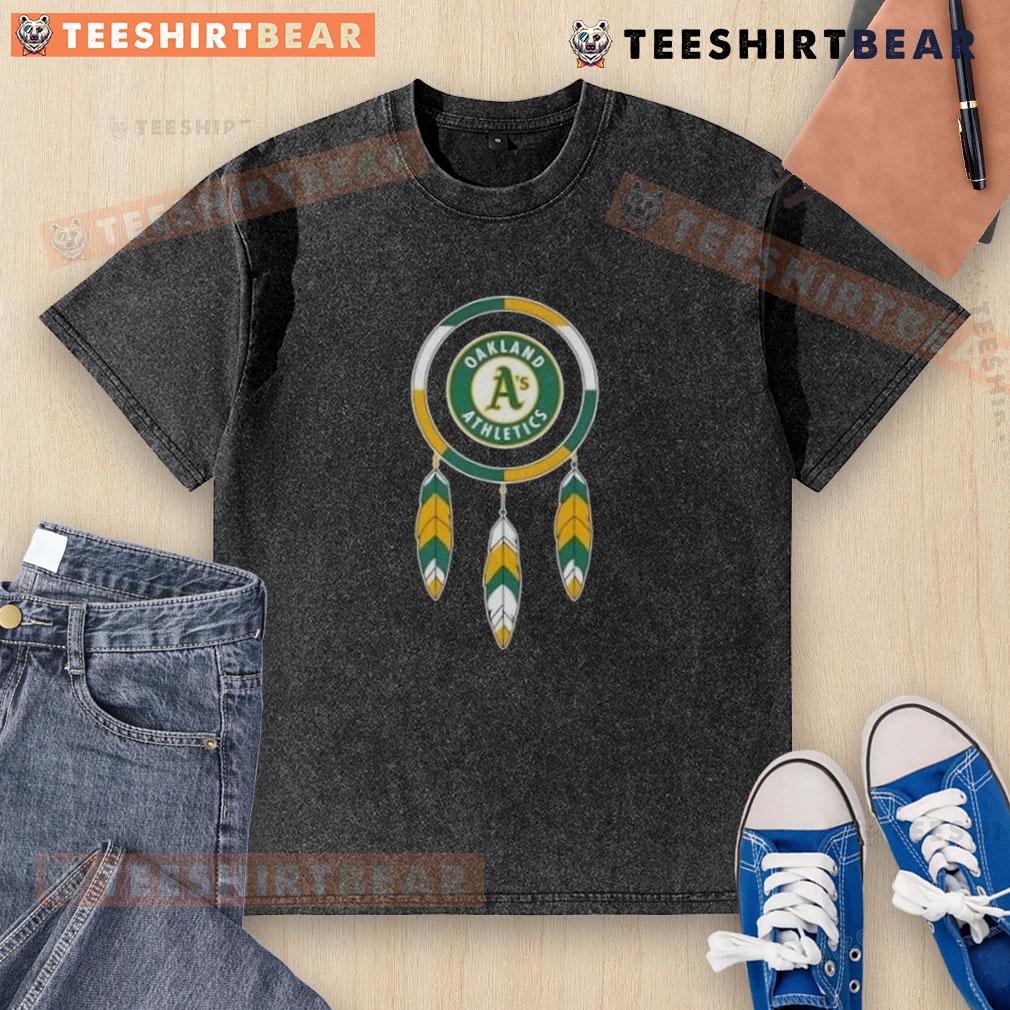 Top Native American Indians X Oakland Athletics baseball washed t-shirt featuring vibrant graphics and a comfortable fit.