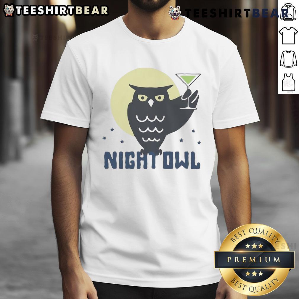 Top Night Owl Cocktail T-Shirt featuring a fun graphic design of a cocktail and owl, perfect for night owl enthusiasts.