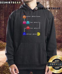 Alt Text: Top One Ghost Two Ghost hoodie featuring vibrant red and blue Pac-Man ghosts, perfect for gaming fans.