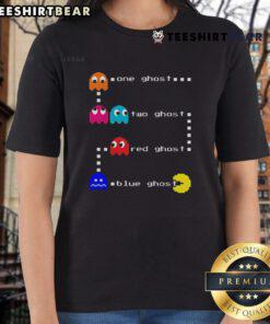 Alt Text: Top One Ghost Two Ghost Red Ghost Blue Ghost Pacman Ladies Tee featuring iconic Pac-Man characters in vibrant colors.
