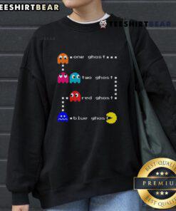 Top One Ghost Two Ghost Pac-Man sweatshirt featuring red and blue ghosts in a vibrant design, perfect for gaming fans.