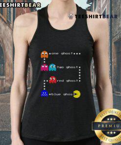 Alt Text: Top One Ghost Two Ghost red and blue Pacman tank top featuring iconic game characters for retro gaming fans.