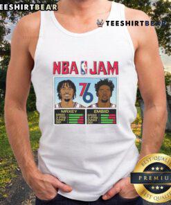 Alt Text: Top Philadelphia 76ers NBA Jam tank top featuring Maxey and Embiid, perfect for fans and summer style.