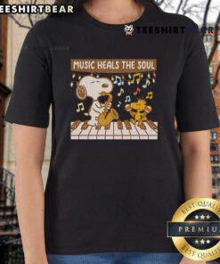 Top Snoopy and Woodstock Piano Music Heals the Soul ladies tee featuring vibrant graphics and a fun design for music lovers.