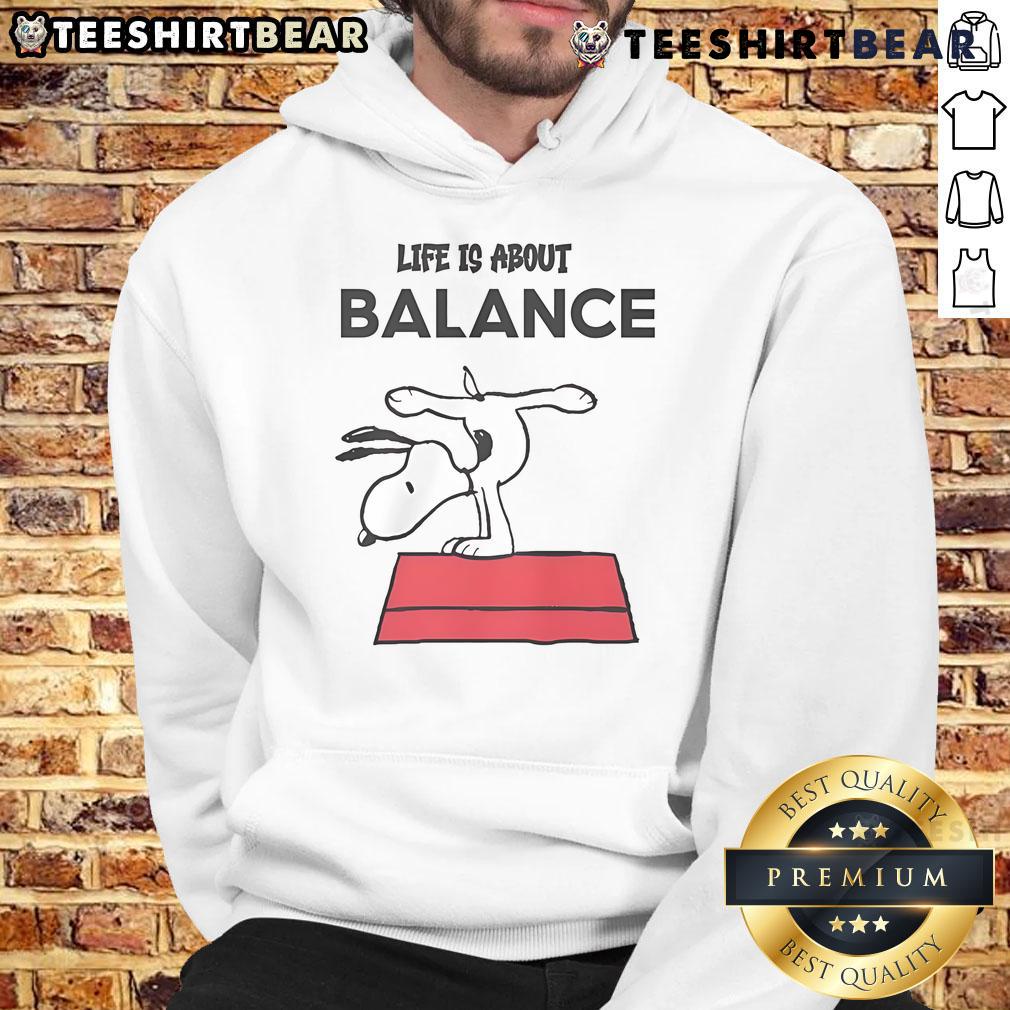 Top Snoopy Life Is About Balance Hoodie featuring a playful Snoopy design, perfect for casual wear and fans of Peanuts.